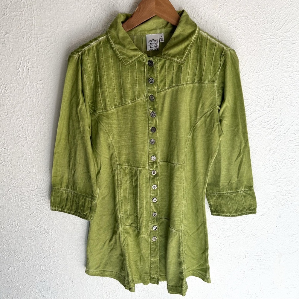 Parsley & Sage Celery Green Button-Front Tunic Top Small Boho Cottagecore NWT